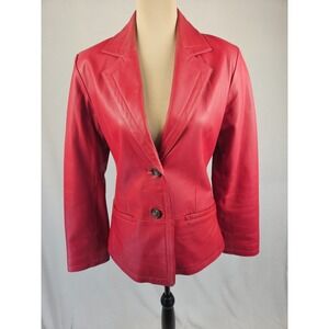 Margaret Godfrey Red‎ Leather Blazer Jacket Button Collared Women's Size 6